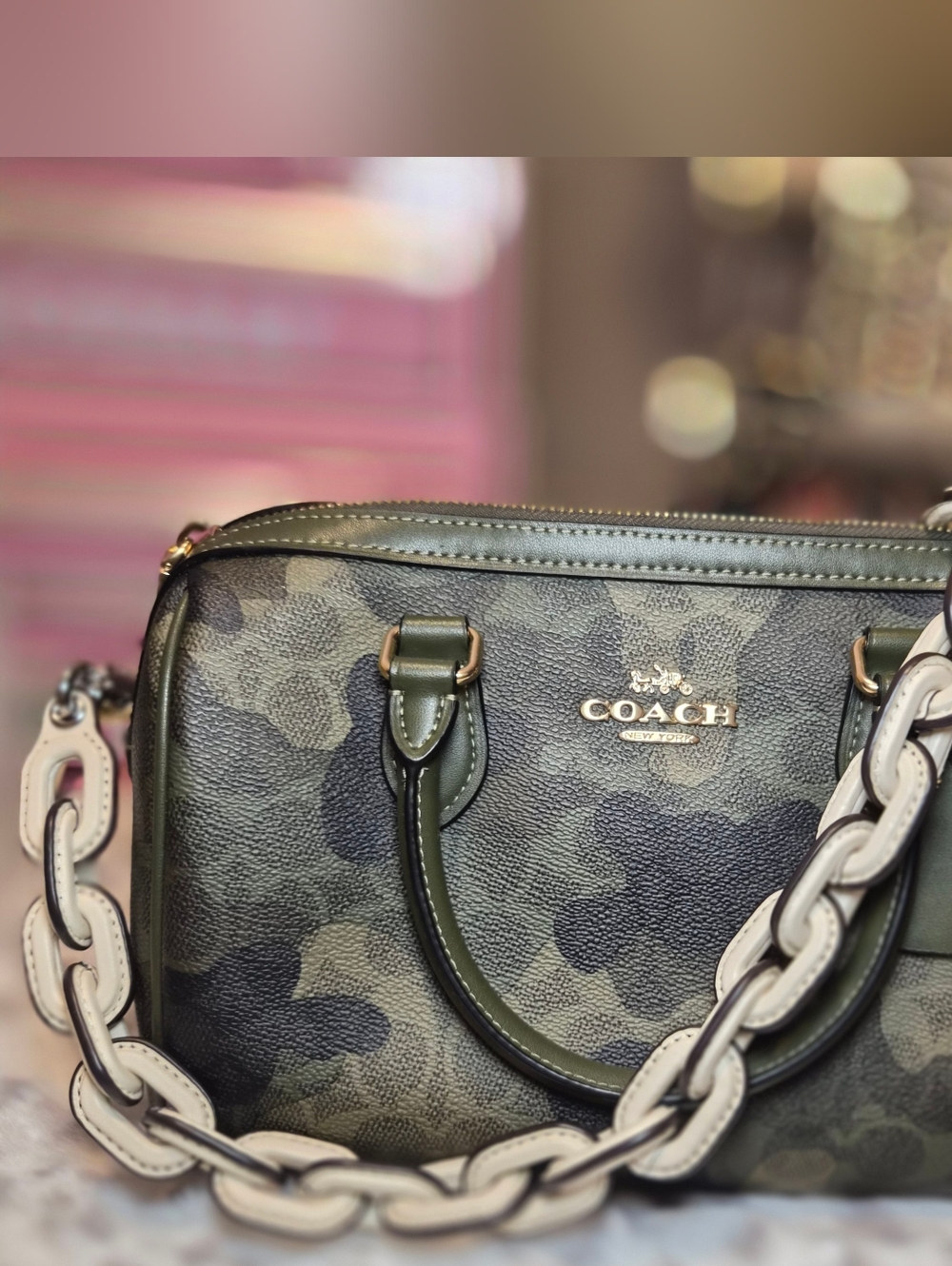 Coach Leather Chain Bag Strap – Cream/Ivory & Brown – Silver Hardware